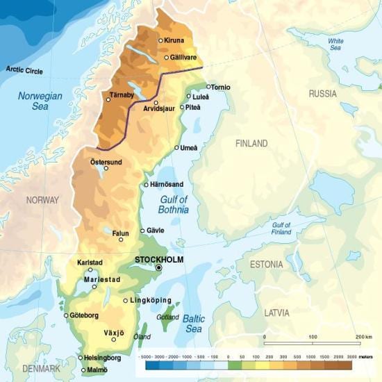 Karte von Schweden elevation