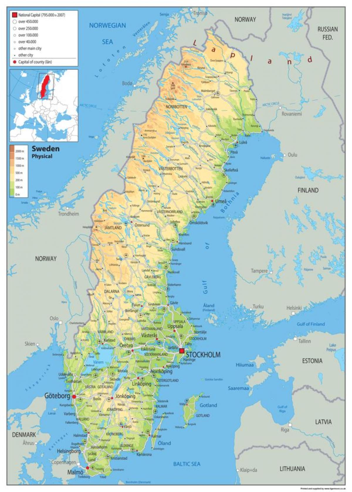 physische karte schweden Schweden physische Karte   Physikalische Karte von Schweden 